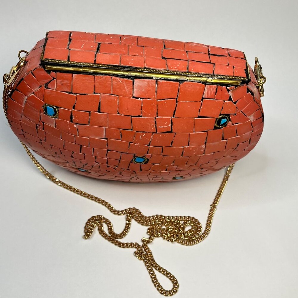 Ramla Design Handmade Mosaic Crossbody Purse Coral Blue Gold Accents rustic - Picture 8 of 9